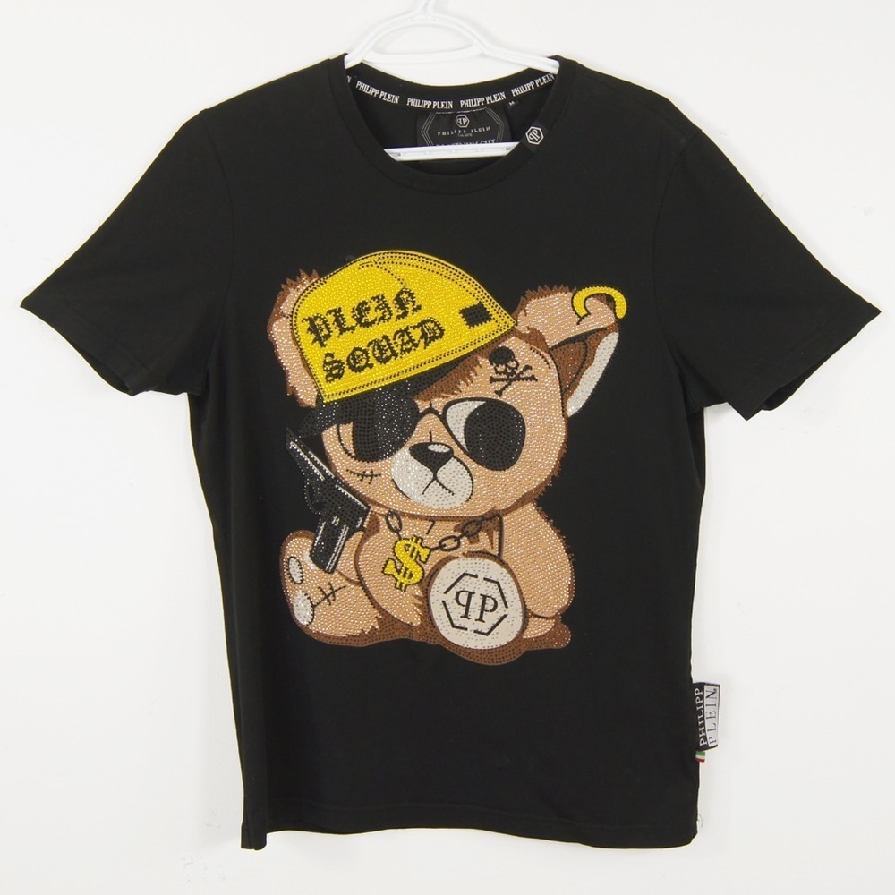 Philipp Plein Platinum Cut Rhinestone Crystal Bear Black  Short Sleeve T-shirt